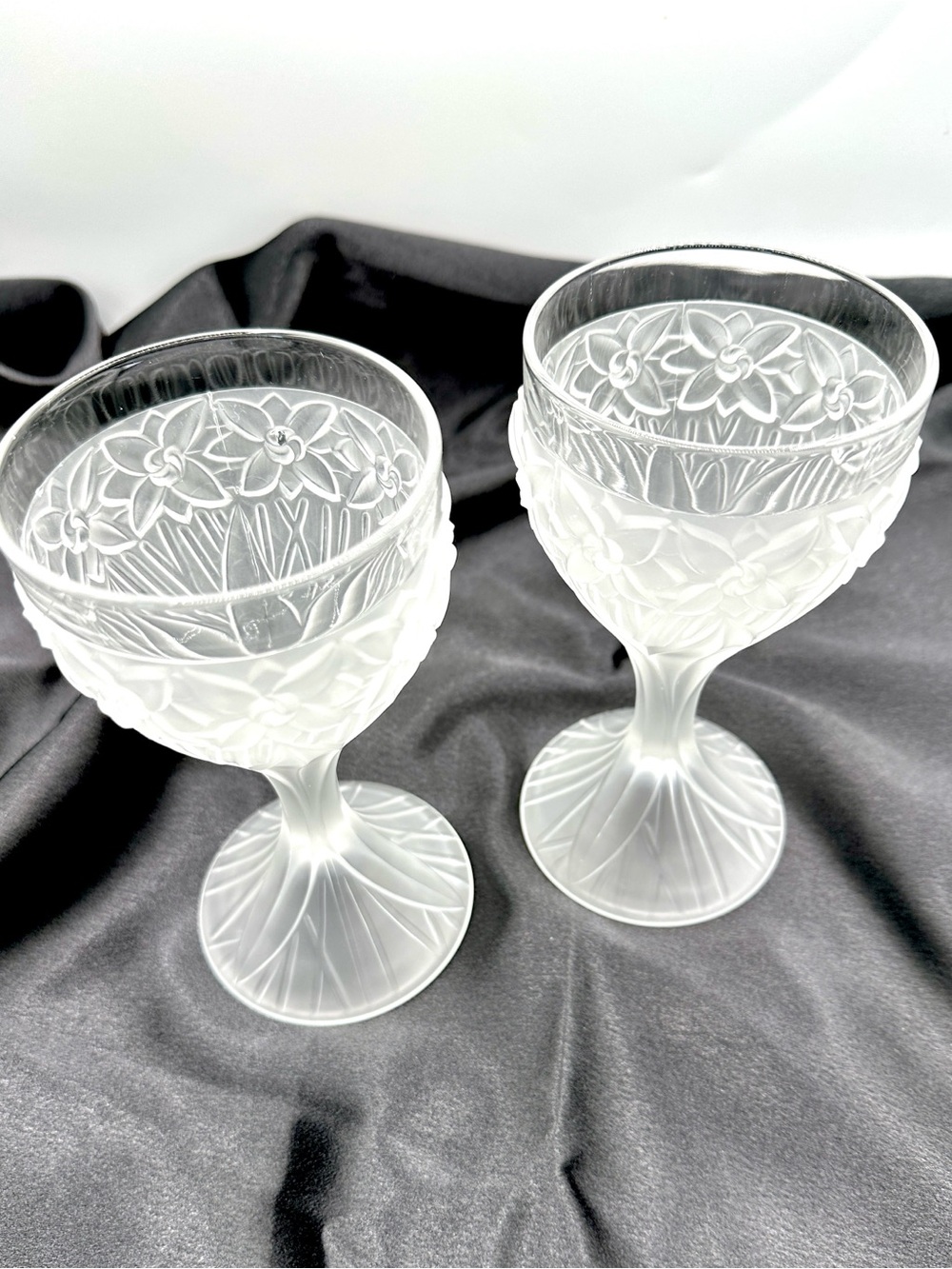 2 Frosted Pressed Glass Floral Wine glasses. Vintage Italy.